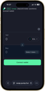 Connecting a Phantom mobile wallet to the pumpfun app inside the wallet's in-app browser
