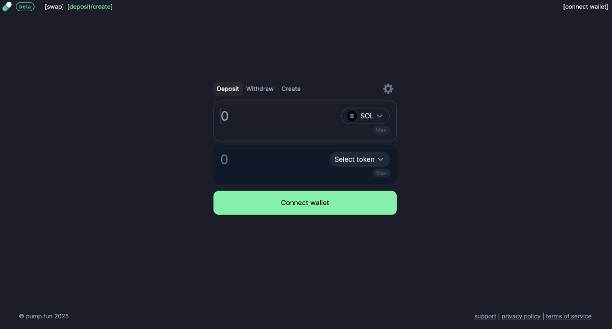 The pumpfun app swap interface showing a token pair, amount field and connect-wallet button